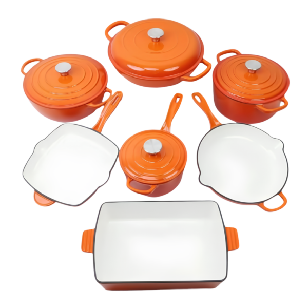 Premium 11-Piece Enameled Cast Iron Cookware Set – Flame Orange Heavy-Duty Dutch Ovens, Pans & Roaster