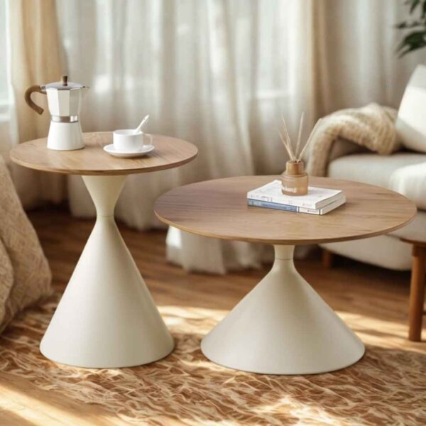 Muett Modern Conical Nesting Coffee Table Set – Round Wood Grain Top with Cream Hourglass Tulip Base