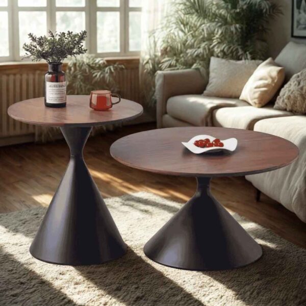 ​Muett Modern Conical Nesting Coffee Table Set – Dark Wood Top with Matte Black Hourglass Tulip Base