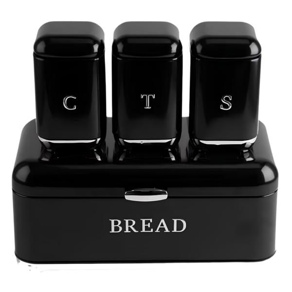 4-Piece Retro Gloss Black Bread Bin & Canister Set – Metal Bread Box with Coffee, Tea & Sugar Jars