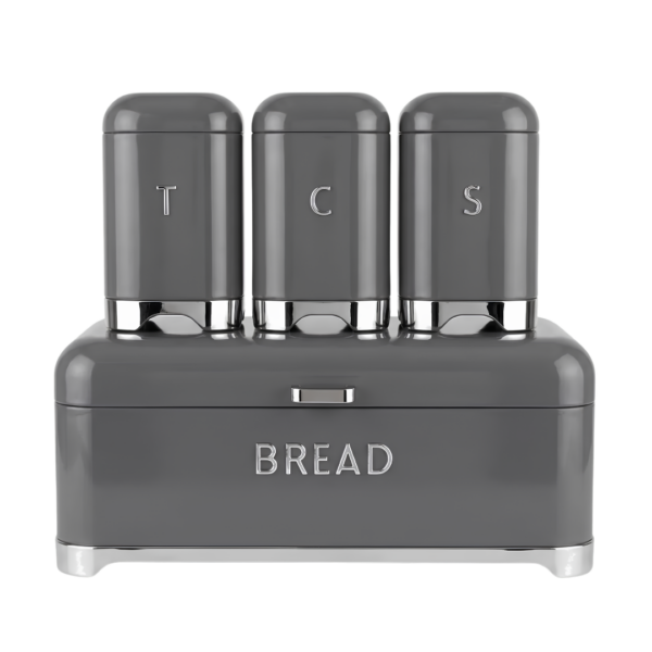 4-Piece Retro Gloss Charcoal Grey Bread Bin & Canister Set – Metal Bread Box with Coffee, Tea & Sugar Jars