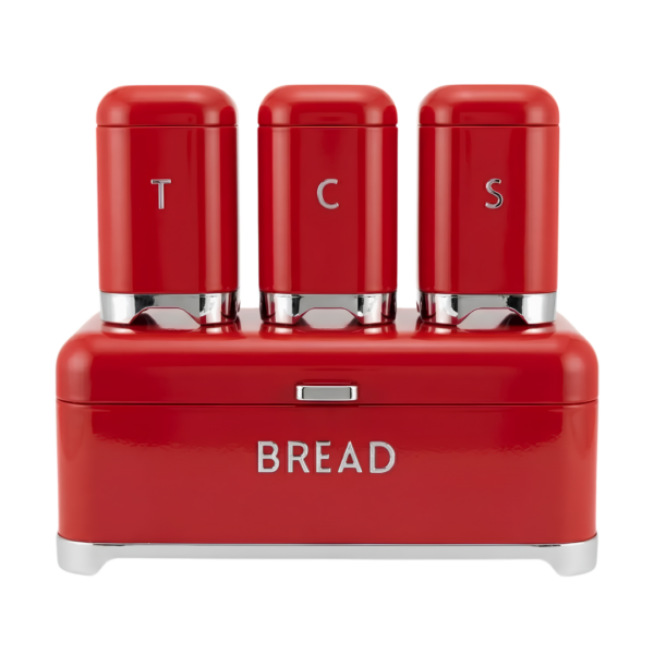 4-Piece Retro Gloss Red Bread Bin & Canister Set – Metal Bread Box with Tea, Coffee & Sugar Jars