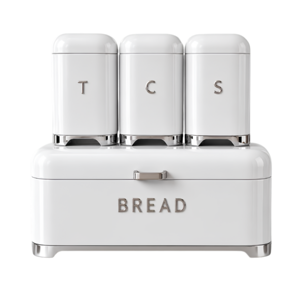4-Piece Retro Gloss White Bread Bin & Canister Set – Metal Bread Box with Tea, Coffee & Sugar Jars