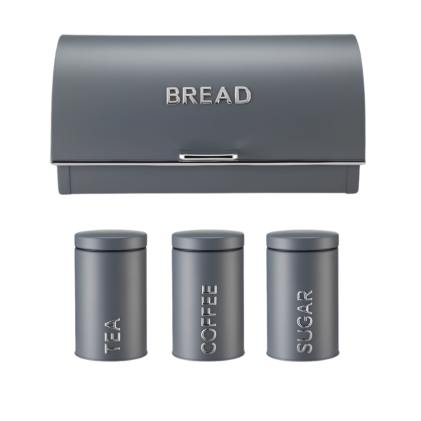 4-Piece Matte Grey Roll-Top Bread Bin & Canister Set – Metal Bread Box with Tea, Coffee & Sugar Jars