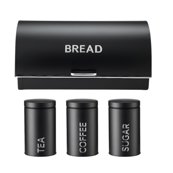 ​4-Piece Matte Black Roll-Top Bread Bin & Canister Set – Metal Bread Box with Tea, Coffee & Sugar Jars