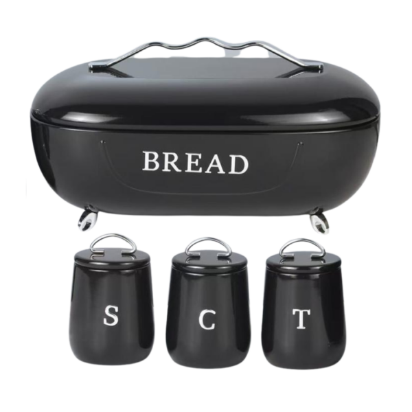 ​4-Piece Retro Gloss Black Oval Bread Bin & Canister Set – Footed Bread Box with Sugar, Coffee & Tea Jars