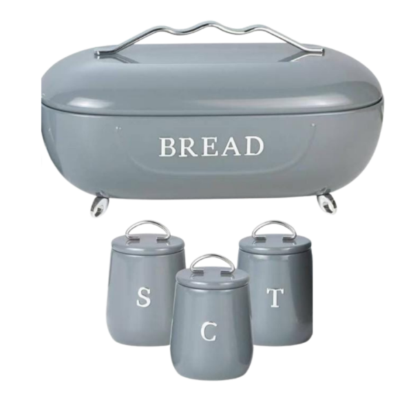 4-Piece Retro Gloss Grey Oval Bread Bin & Canister Set – Footed Bread Box with Sugar, Coffee & Tea Jars