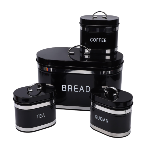 ​4-Piece Retro Gloss Black Oval Bread Bin & Canister Set – Metal Bread Box with Tea, Coffee & Sugar Jars