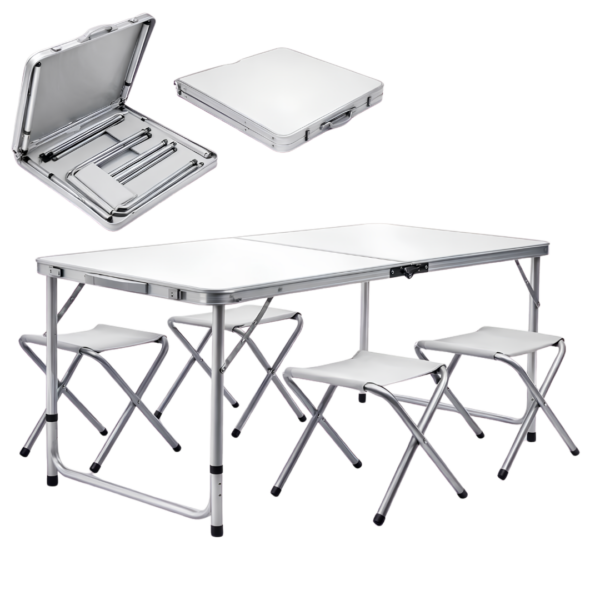 Portable Aluminum Folding Camping Table with 4 Stools – Suitcase Picnic Set