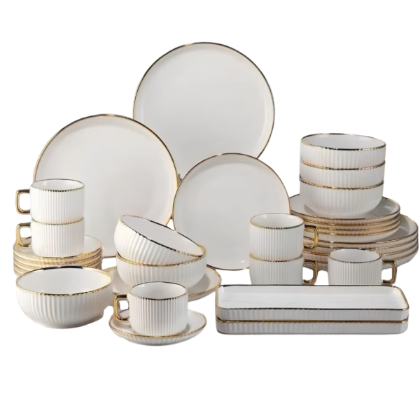 32-Piece Luxury Ceramic Pure White Dinnerware Set with Gold Trim – Plates, Bowls, Cups & Serving Trays