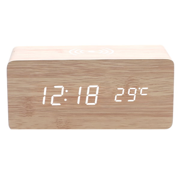 Wooden LED Digital Alarm Clock with Wireless Charging Pad & Temperature Display – Light Wood