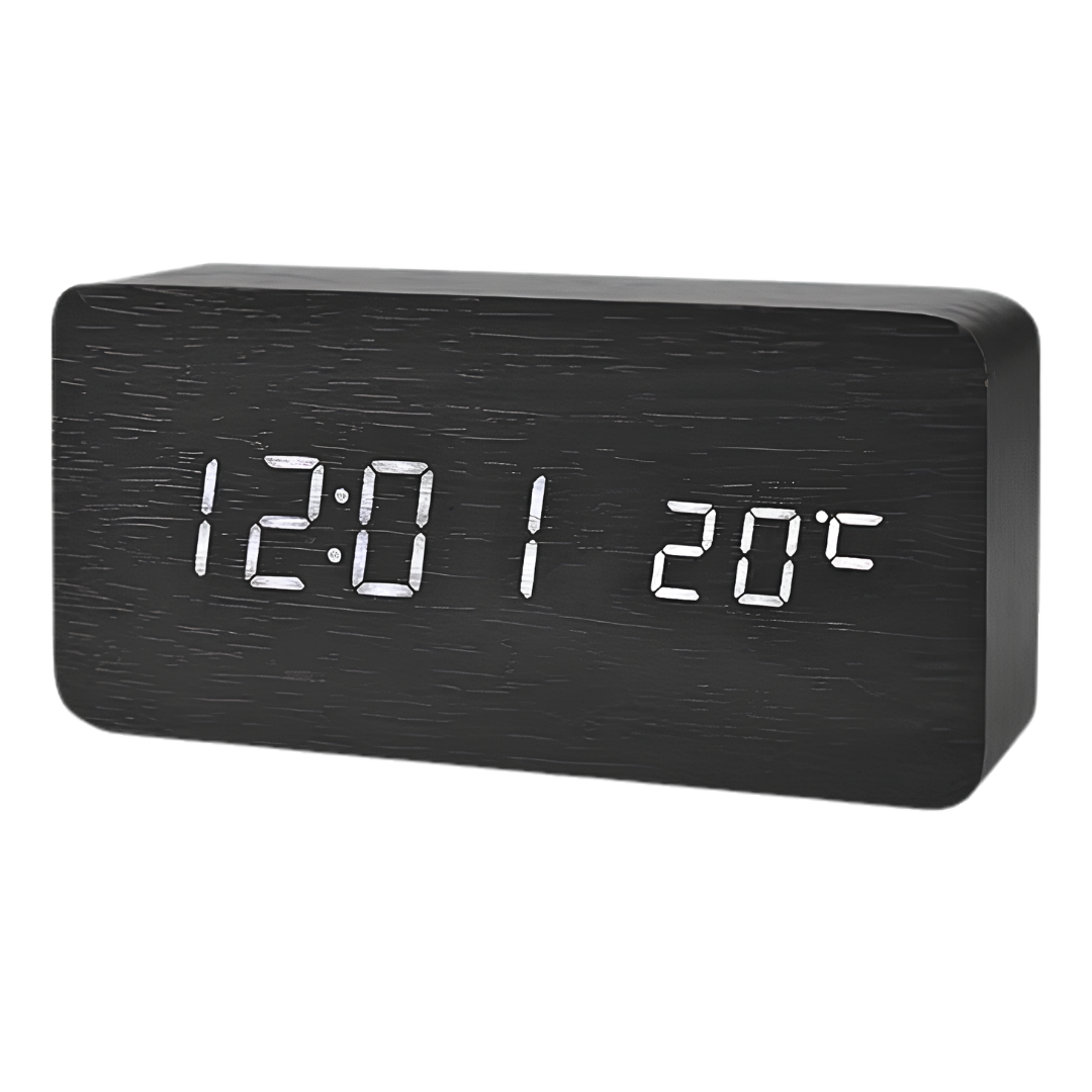 Wooden LED Digital Alarm Clock with Temperature Display – Black Wood