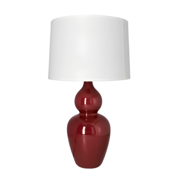Modern Glossy Ceramic Gourd Table Lamp with White Fabric Drum Shade – Burgundy Red