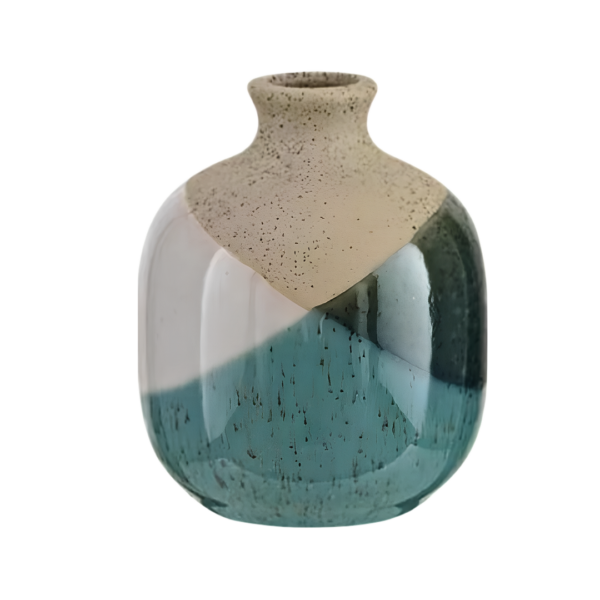 Modern Color-Block Ceramic Bud Vase – Reactive Teal & Speckled Sand