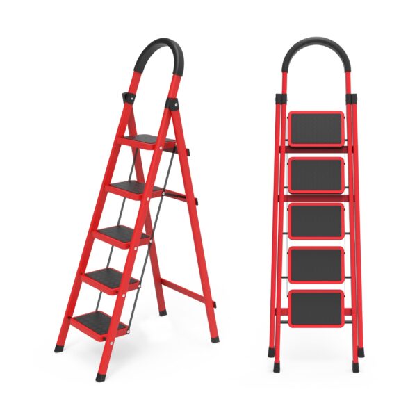 5-Step Folding Step Ladder with Wide Anti-Slip Pedals & Padded Handrail – Red