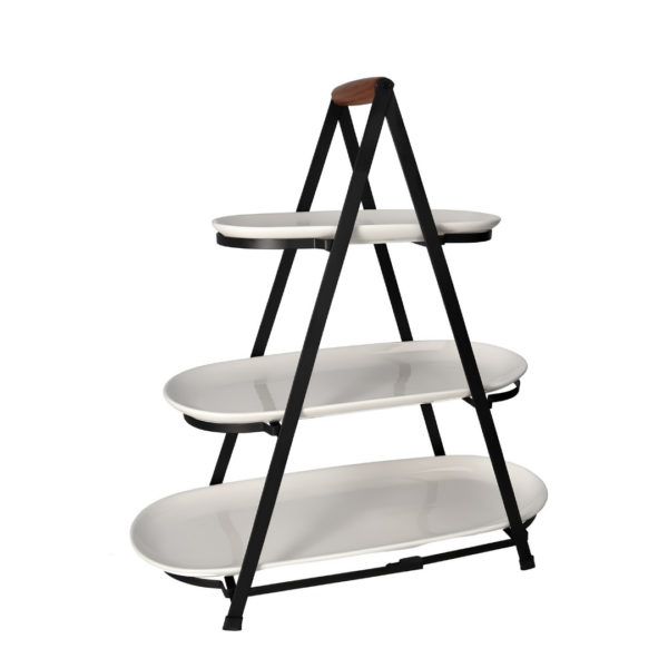 3-Tier Ceramic Serving Platter Stand with Collapsible Metal Frame & Wood Handle