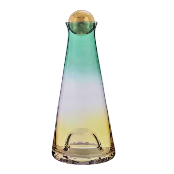 Modern Conical Glass Whiskey Decanter with Gold Sphere Stopper – Ombre Teal & Amber