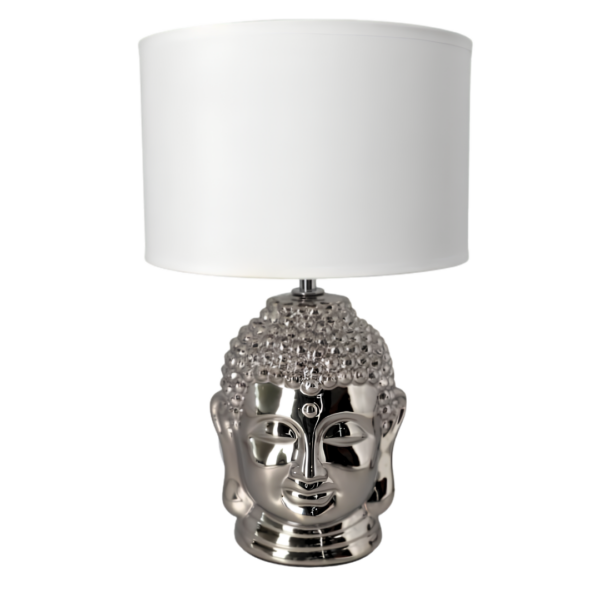 Modern Metallic Chrome Buddha Head Table Lamp with White Drum Shade