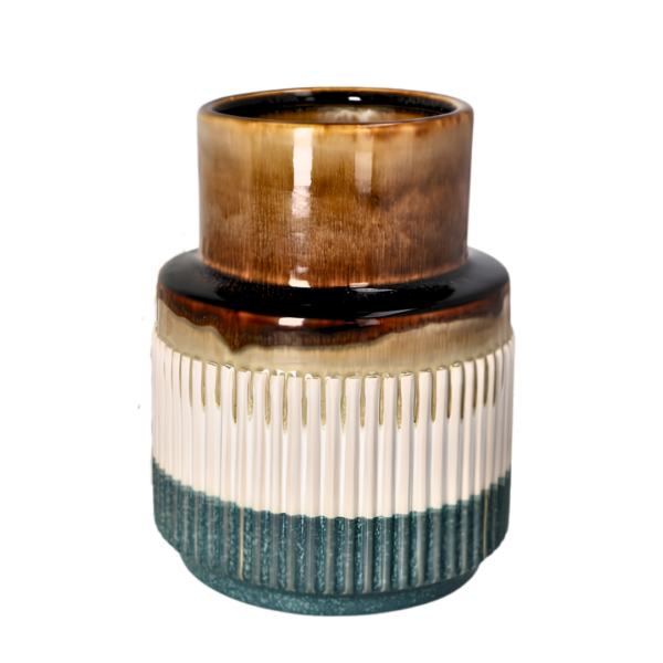 Modern Ribbed Ceramic Vase – Reactive Caramel Amber & Fluted Teal