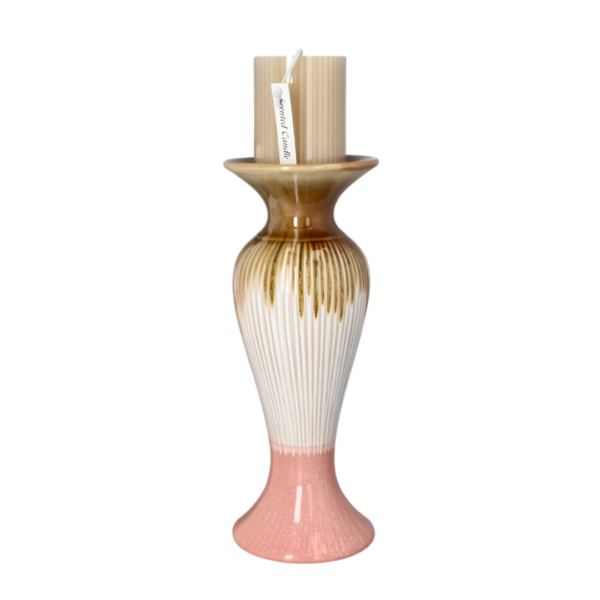 26.2cm Fluted Ceramic Pillar Candle Holder – Reactive Toffee Amber & Dusty Rose Ombre