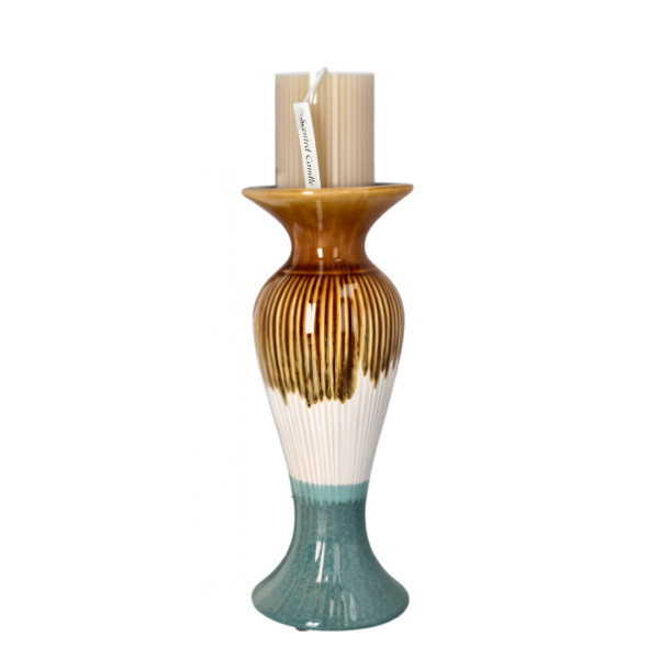 26.2cm Fluted Ceramic Pillar Candle Holder – Reactive Toffee Amber & Forest Teal Ombre