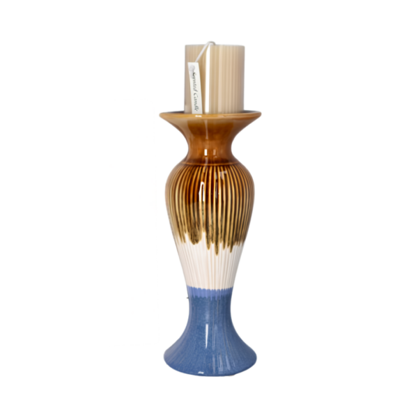 26.2cm Fluted Ceramic Pillar Candle Holder – Reactive Toffee Amber & Royal Blue Ombre