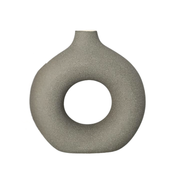 Modern Ceramic Donut Vase – Textured Matte Stone Grey Nordic Circle Vase (22.7cm)