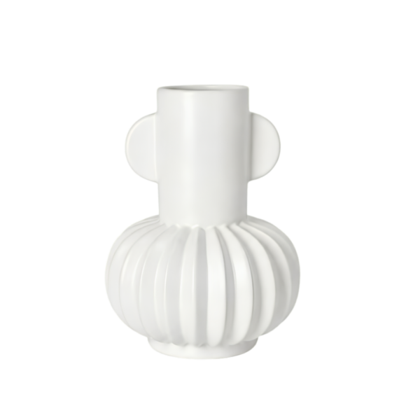 Modern Fluted Bulb Ceramic Vase with Ear Handles – Matte Crisp White (19cm)
