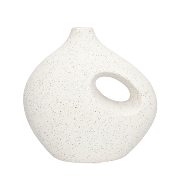 Modern Asymmetric Ceramic Cut-Out Pitcher Vase – Textured Speckled Off-White (20cm)