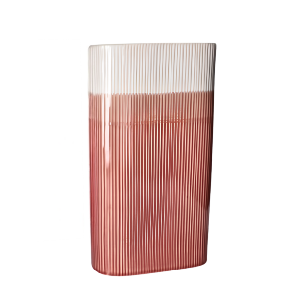 Modern Ribbed Ceramic Flat Oval Vase – Dip-Glazed Ivory Cream & Dusty Rose (40.5cm)